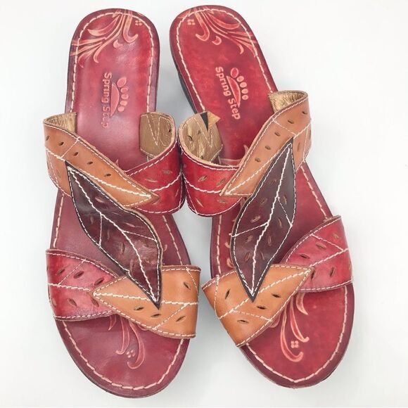 Spring Step AZALEA Red Brown Laser Cut Leaf Whimsical Wedge Heel Open Toe Sandal - Picture 2 of 15